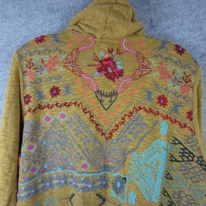 Biya Cardigan Womens Medium Mustard Embroidered Knit Long Aztec Ethnic Art Boho